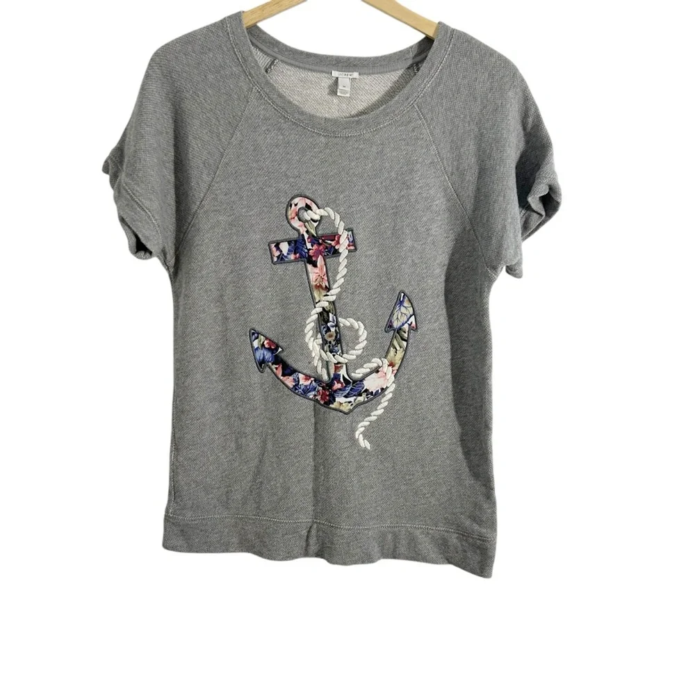 J Crew Medium Gray Terry Multicolor Floral Anchor Short Sleeve Sweatshirt